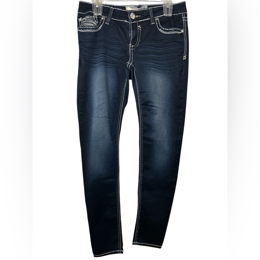 Hydraulic Dark Wash Skinny Jeans with White Stitching Pocket Embellishment Y2k
